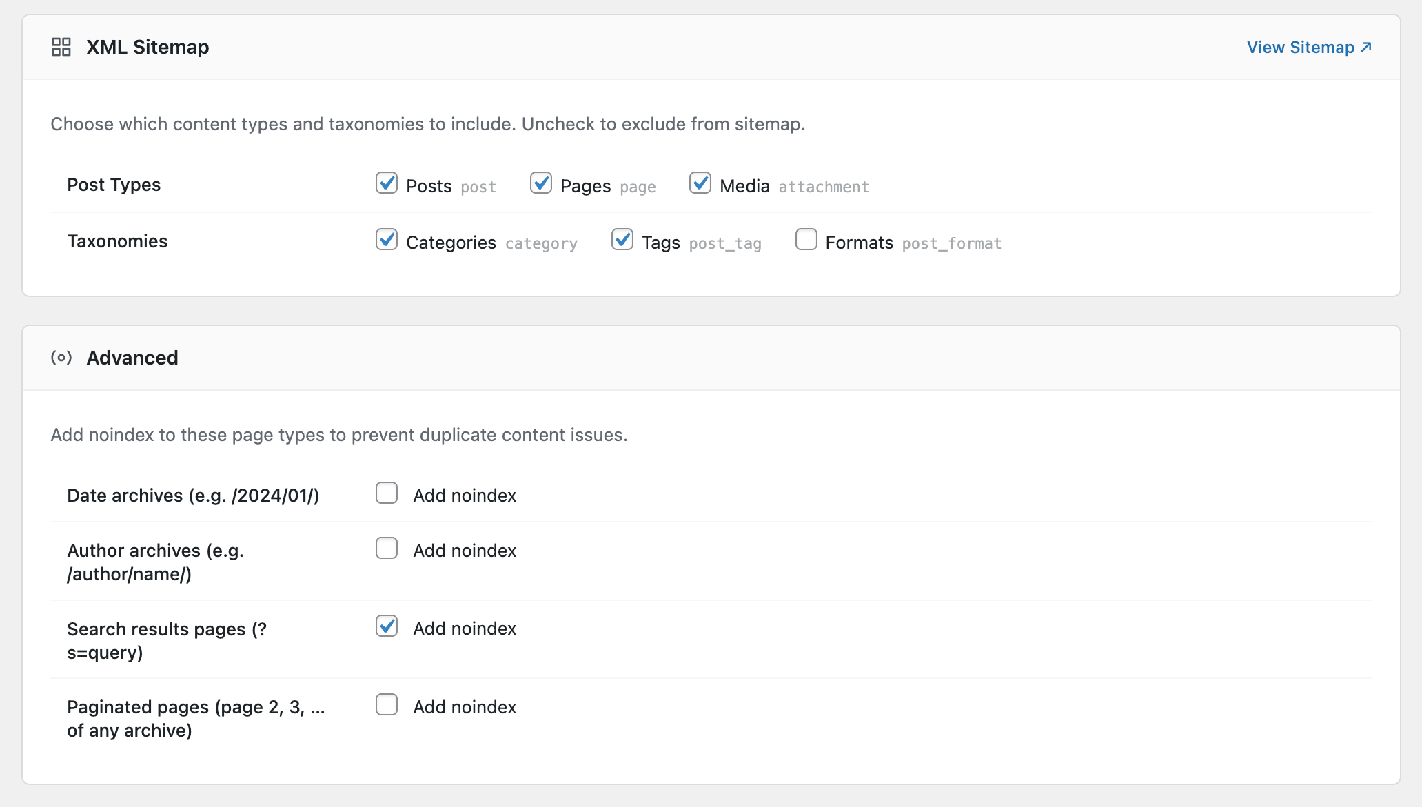 Real screenshot of JitSEO Suite's XML Sitemap post type and taxonomy toggles, and Advanced noindex controls for date archives, author archives, search results, and paginated pages